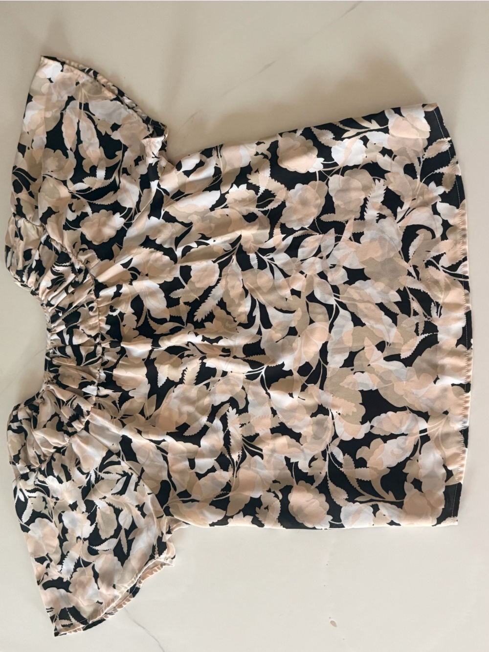 LOFT Black and Cream Floral Short-Sleeve Blouse